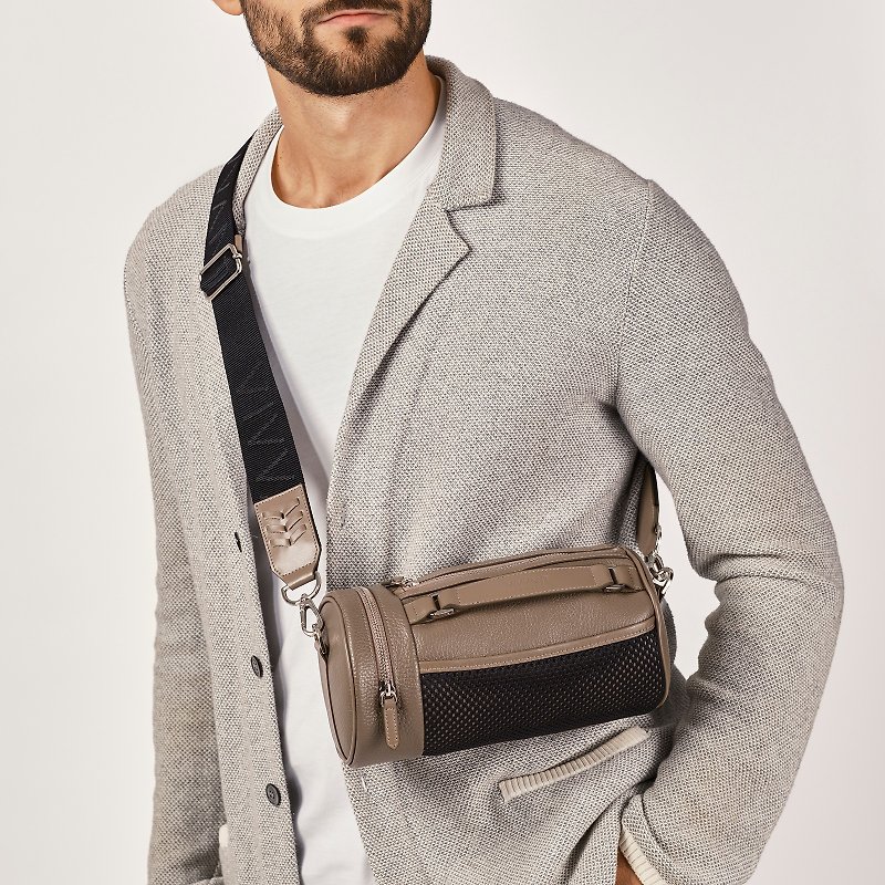 On-My-Way Cylinder Khaki Brown Leather City Bag - Messenger Bags & Sling Bags - Genuine Leather Khaki