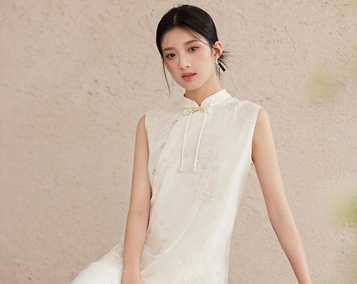 初蟬 素蘭紗 新中式復古中國風 薄紗刺繡斜襟洋裝