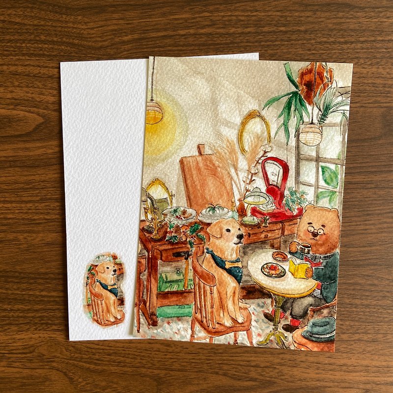 イラストポストカード - 老塩城のティータイム - カード・はがき - 紙 ゴールド