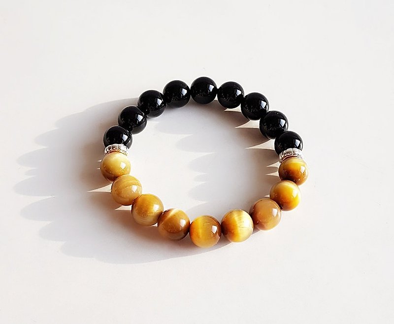 [Gemstones] gold ink natural ore yellow tiger eye stone black agate 925 sterling silver bracelet - Bracelets - Gemstone Yellow