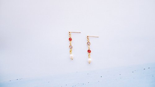 JunSui 霓-耳環--紅色系施華洛水晶綴飾珍珠耳環