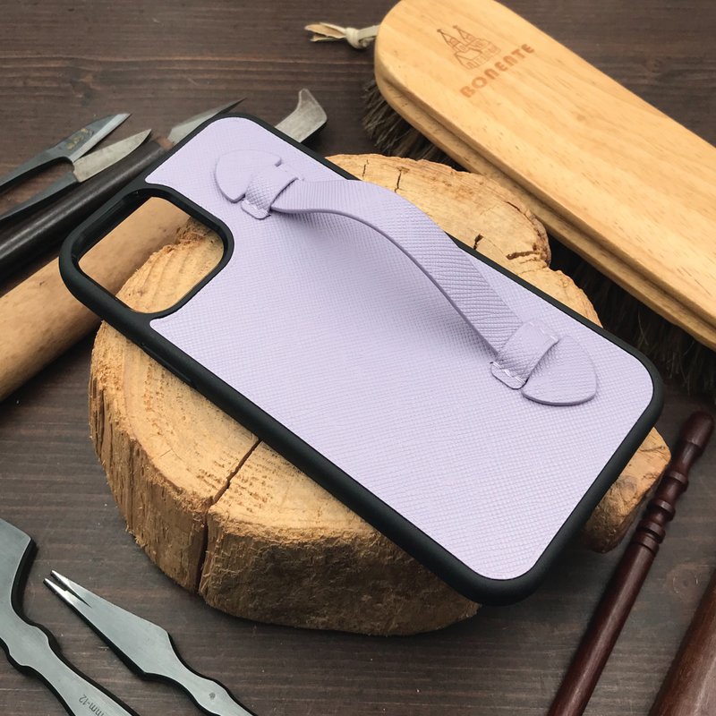 【iPhone Case W/Handle】Light Purple Saffiano | Shockproof |Handmade Leather in HK - Phone Cases - Genuine Leather Purple