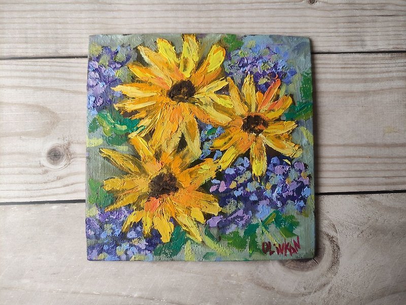 Sunflower Painting Floral Yellow Original Art Sunflower Flower Oil Artwork - 牆貼/牆身裝飾 - 其他材質 多色