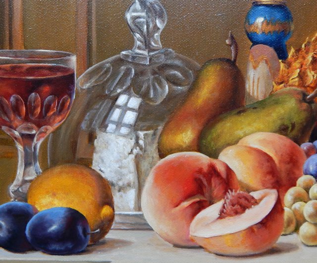 桃子葡萄原畫靜物 桃 ぶどう 果物 絵画 掛け絵 手作り絵画