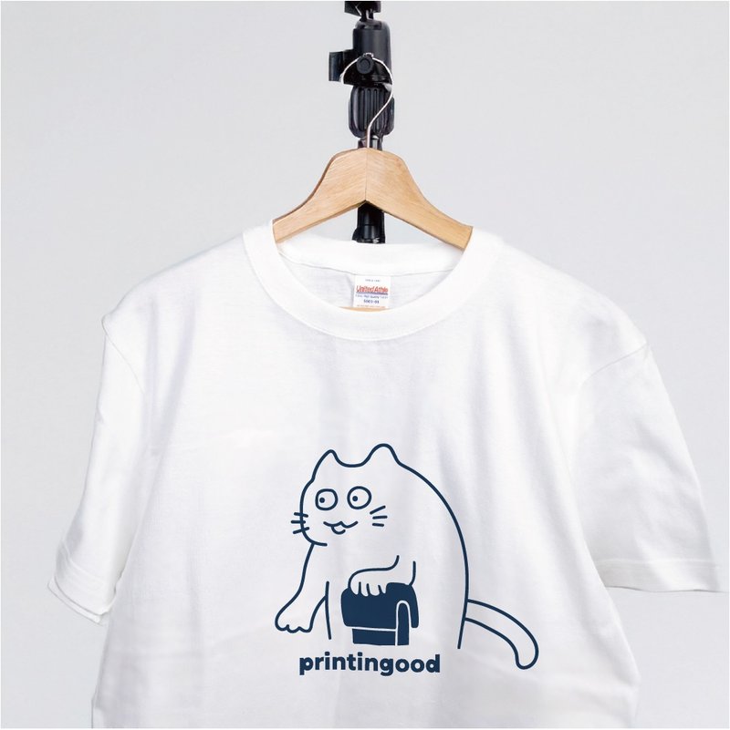 印花貓 T-shirt | 絹印刮刀 插畫 | 手作絹印 | A031 - 女裝 T 恤 - 棉．麻 多色