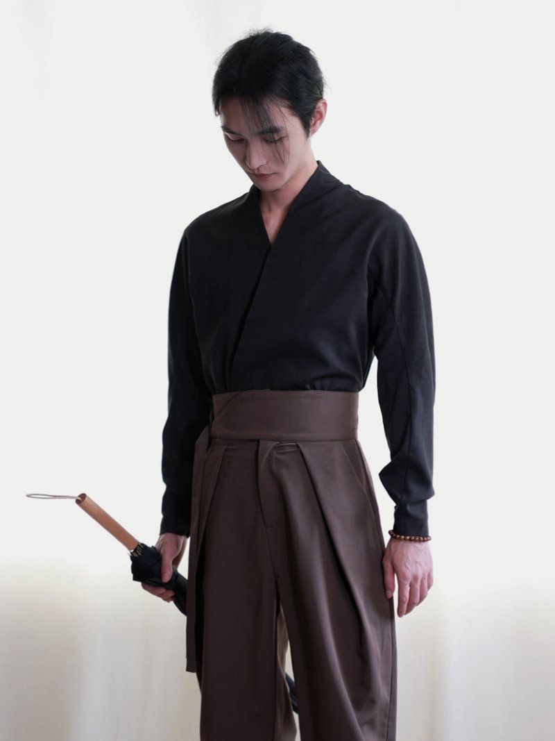 中式黑色中衣 內襯改良襯衫式外套 連肩袖 下擺調節 四季 - 男襯衫/休閒襯衫 - 棉．麻 黑色