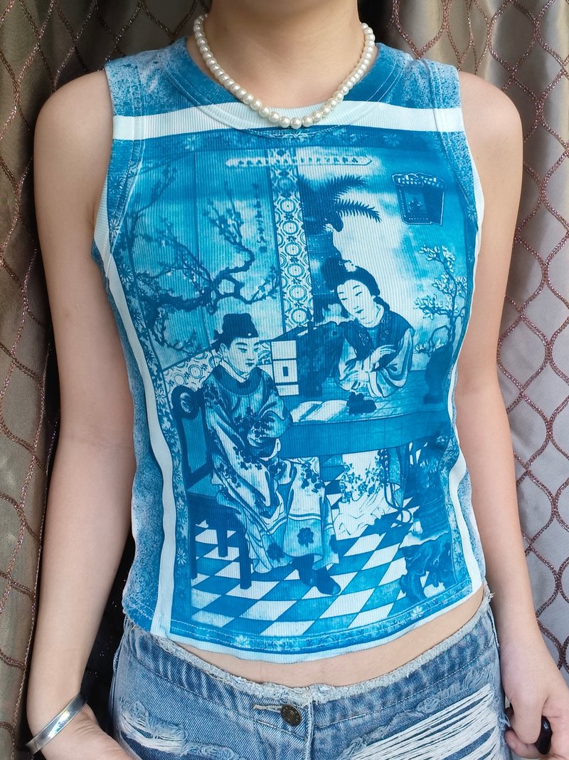 Cyanotype remake Republic of China month card crop top - เสื้อกั๊กผู้หญิง - ผ้าฝ้าย/ผ้าลินิน สีน้ำเงิน