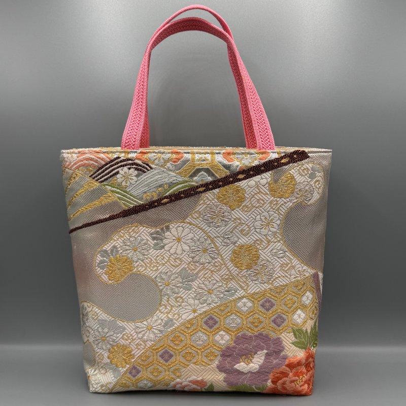 着物 帯 帯締め ハンドメイド トートバッグ リメイク ピンク - 手提包/手提袋 - 絲．絹 銀色