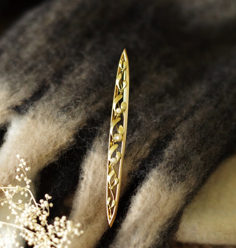 Antique骨董金色新藝術珍珠葉片別針法國 Bijoux Fix B1375 - 胸針 - 其他金屬 金色