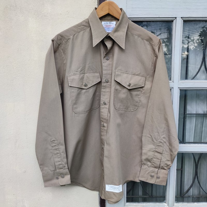 Vintage U.S. Navy Official Uniform Creighton Permanent Khaki Military Shirt - เสื้อเชิ้ตผู้ชาย - วัสดุอื่นๆ สีกากี