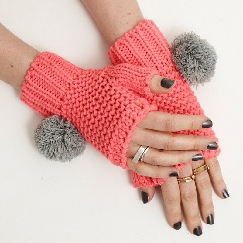SALMON SUPER POM FINGERLESS GLOVES - Gloves & Mittens - Polyester Pink