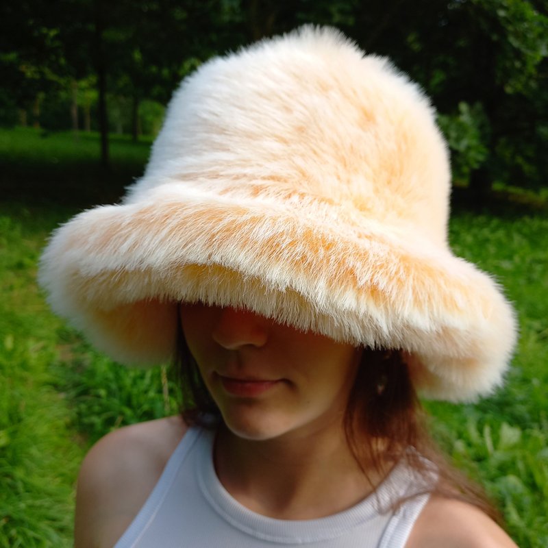 Apricot bucket hat made of faux fur. Cute fuzzy bucket hats. Fluffy warm hat. - Hats & Caps - Other Materials Yellow