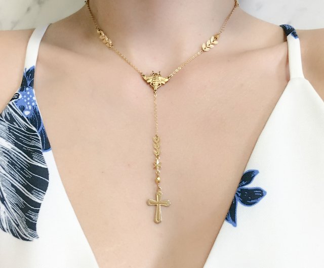 メリッサのロザリオ/十字架と蜂の真鍮のネックレス SV185 - ショップ Sugar Valentine ネックレス - Pinkoi