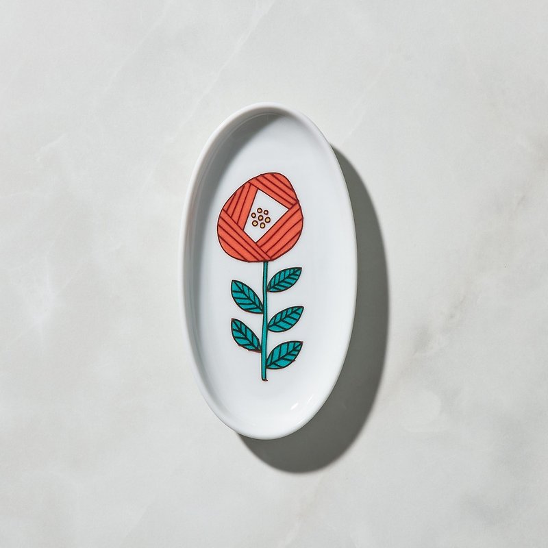 Nippon Haru Kutani Yaki-Flower Language Oval Small Plate-Red - Plates & Trays - Porcelain White