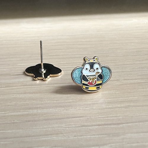 Oops Bear Oops bear - 貪吃的小蜜蜂企鵝金屬琺瑯耳環/耳夾-耳針防敏設計