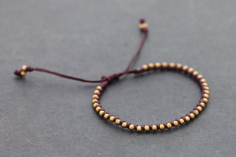勃艮第打結黃銅中性可調節手鍊編織串珠最小 - 手鍊/手鐲 - 棉．麻 紅色