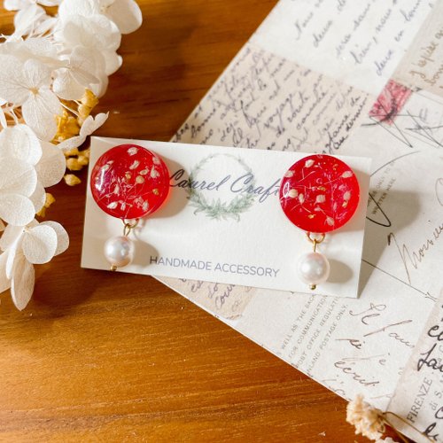 Laurel Craft 莫蘭迪色系 石柳紅 碎花 珍珠垂墜 大款 925純銀針耳環/無痛耳夾