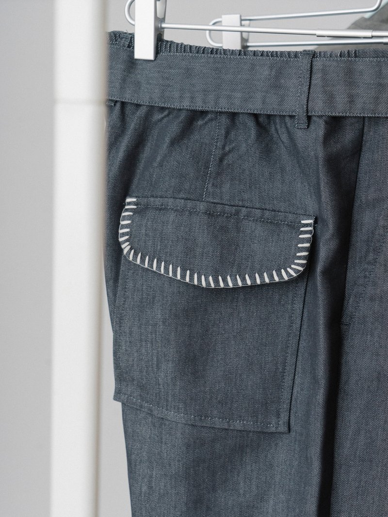 復古雙褶手縫刺繡闊腿長褲 休閒秋冬日系寬鬆通勤潮流 - 男長褲/休閒褲 - 棉．麻 灰色