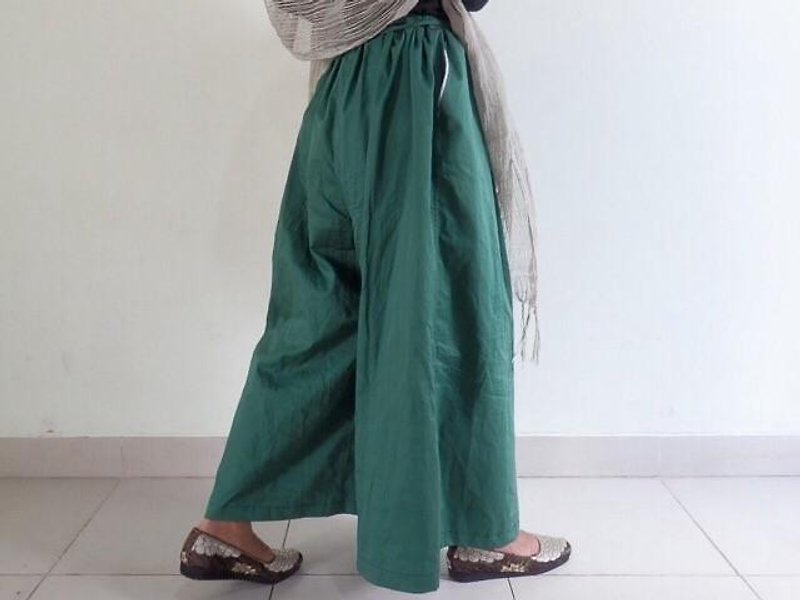 グリーン/紐で絞って調節するワイドパンツ - 女長褲 - 棉．麻 綠色
