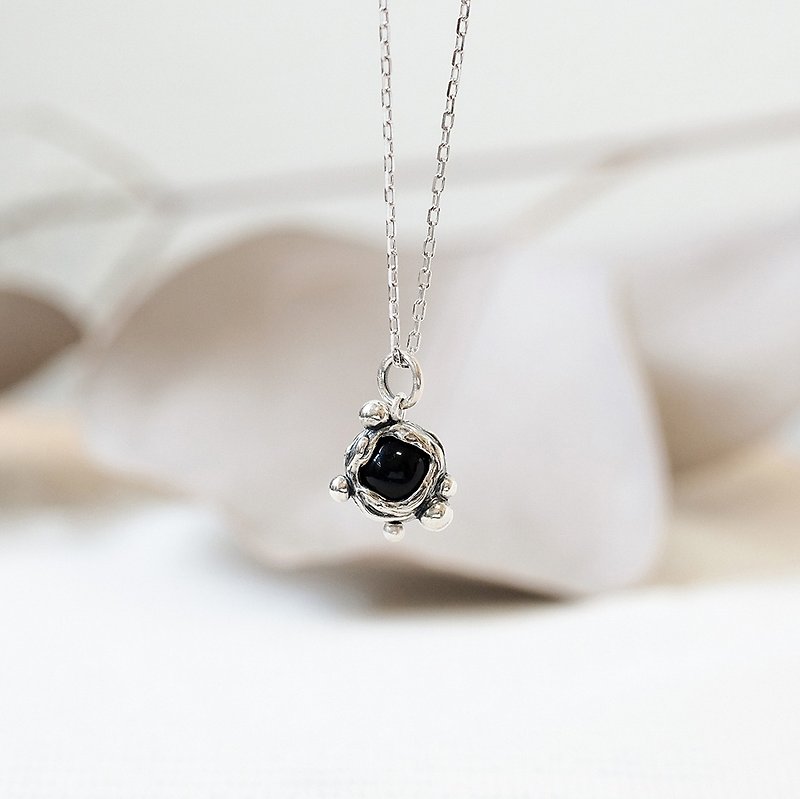 Handmade Silver 925 Sterling Silver Little Monster Ball Necklace Obsidian - Necklaces - Sterling Silver Black