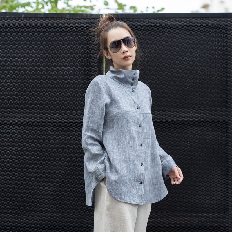 Natural Linen High Neck Jacket Blue Linen Jacket - Bluish Grey - 女大衣/外套 - 亞麻 藍色