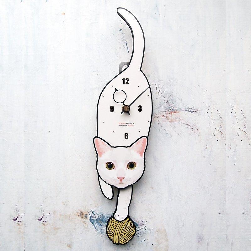C-63 白猫(黄目) - 猫の振り子時計 - 時計 - 木製 ホワイト