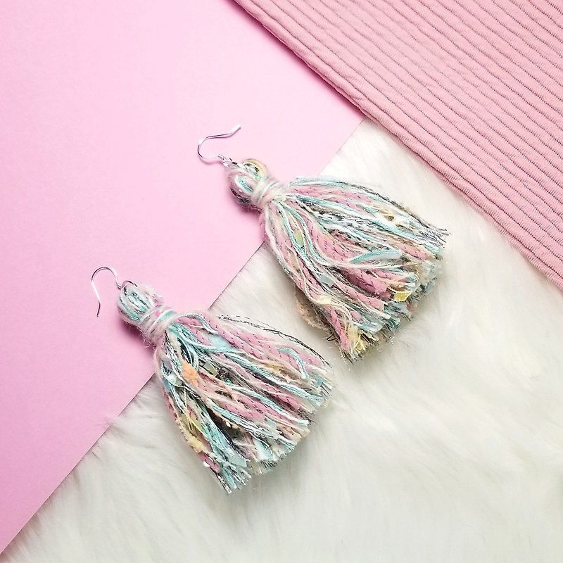 Mixed knit fringes earring (Light Turquoise/Pink/Baby Yellow/Cream) - ต่างหู - เงินแท้ สึชมพู