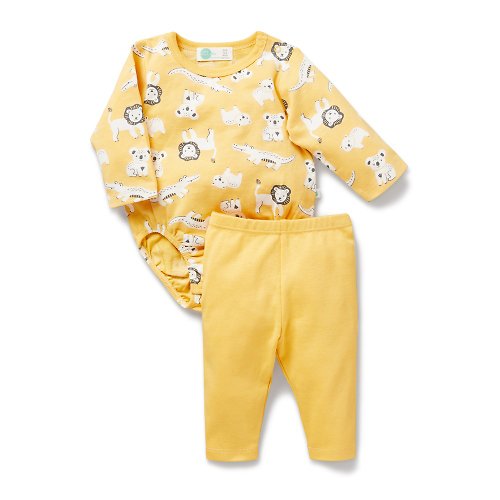 Purebaby有機棉 澳洲Little Green & Co有機棉嬰兒包屁衣套裝/新生兒 連身衣-黃色
