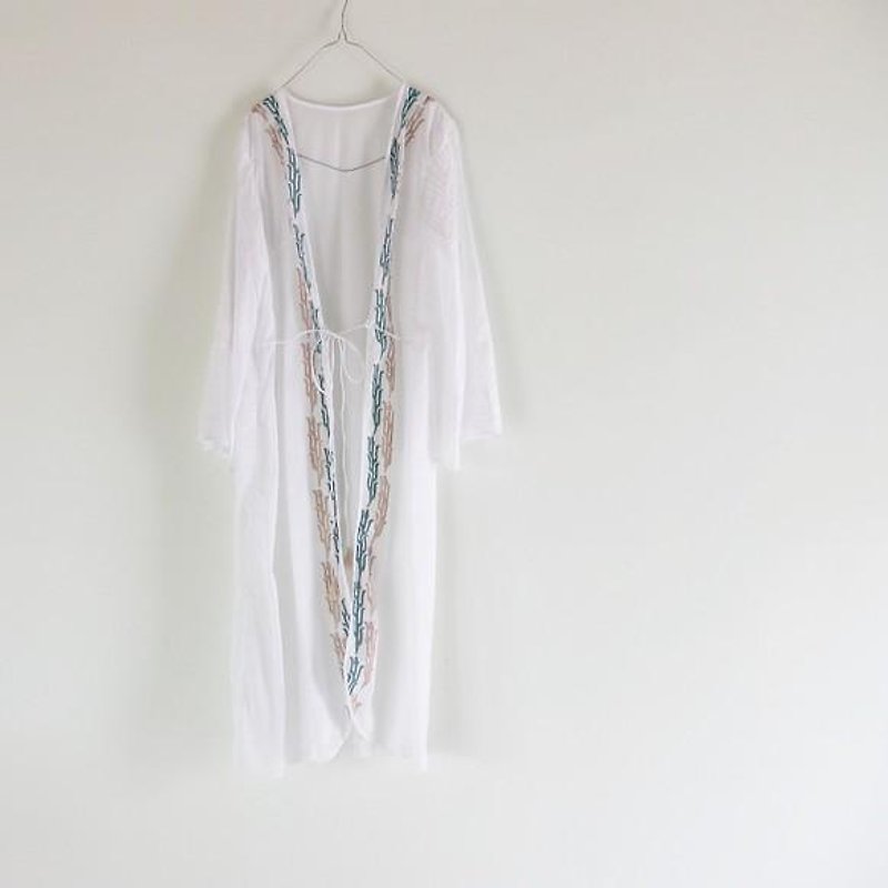 Pin-tuck sleeves and hand-printed cotton long cardigan / 3 - Women's Shirts - Cotton & Hemp White