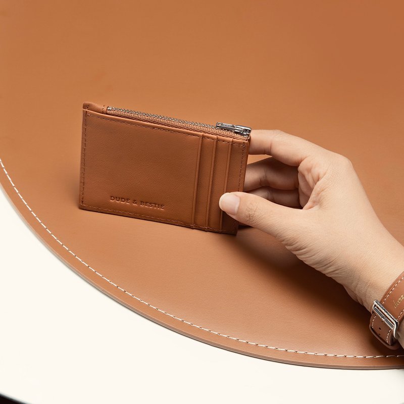 Zipper Card Holder Card Holder Calfskin Leather Genuine Leather Gift Free Engraving - ที่ใส่บัตรคล้องคอ - หนังแท้ หลากหลายสี