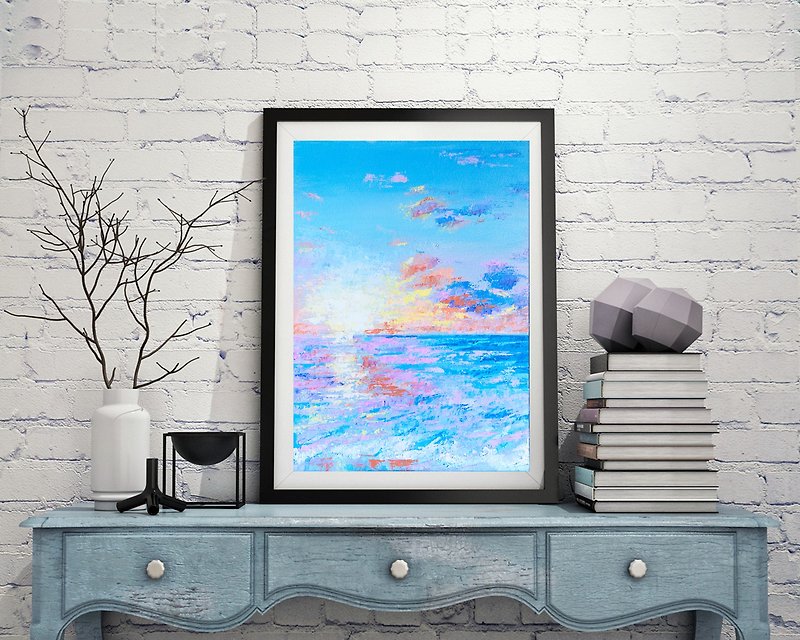 Original Oil Abstract Impasto Painting On panel Seascape Wall Hanging Sunset Art - 壁貼/牆壁裝飾 - 木頭 多色