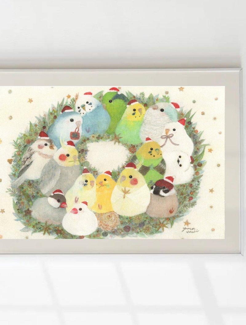A4 アートポスター  サンタインコリース    クリスマスリース   クリスマス  セキセイインコ 鳥 小鳥 野鳥 スズメ   オカメインコ カワセミ - 海報/掛畫/掛布 - 紙 綠色