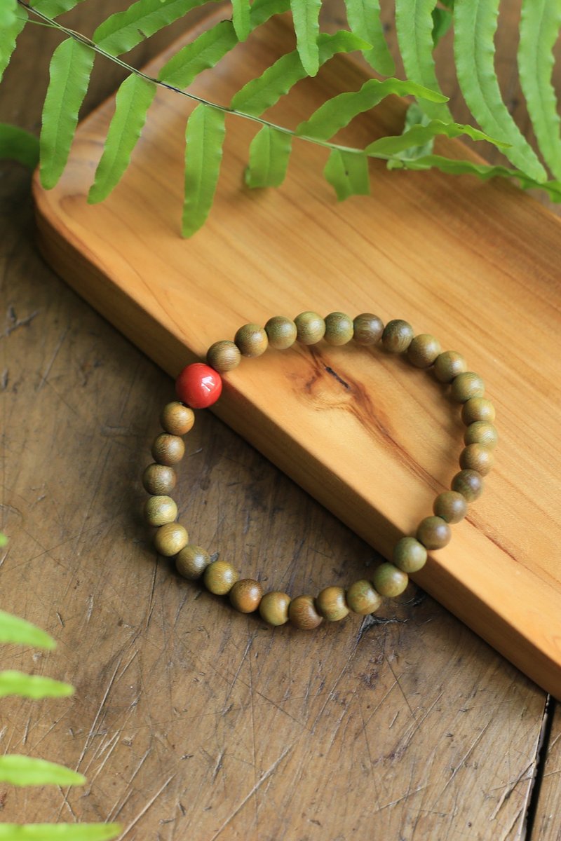 Spring and Autumn Handmade | 6mm Green Sandalwood Cinnabar Bracelet | Ready Stock | Good Luck and Good Luck - Bracelets - Wood 