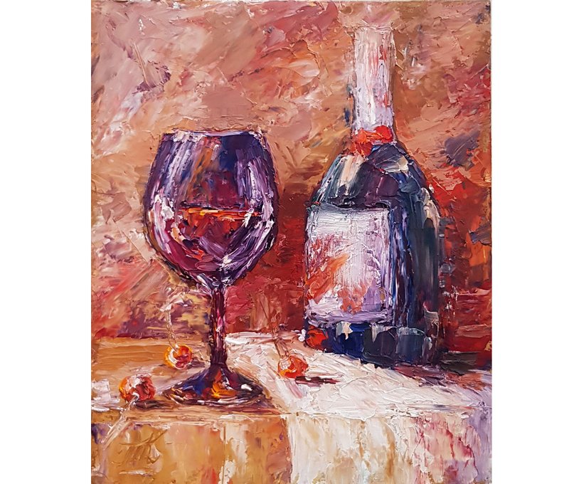 Wine Painting Still Life Original Art  Oil Painting Wine Artwork  20  by 25 cm - 壁貼/牆壁裝飾 - 木頭 多色