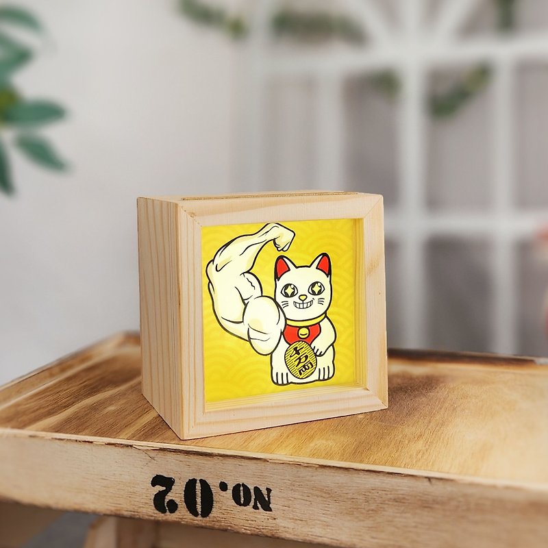 Powerful lucky cat (yellow) / Japanese style / wooden handmade light box - โคมไฟ - ไม้ ขาว