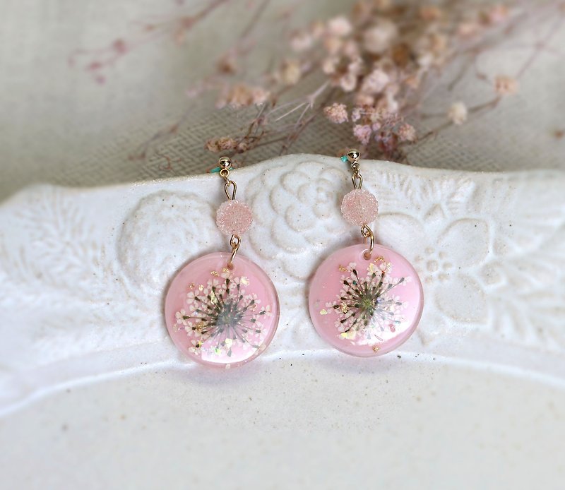 粉色 -透明感 蕾絲花 圓形 幾何 - 滴膠 乾花 耳環 / 耳夾 - 耳環/耳夾 - 植物．花 粉紅色