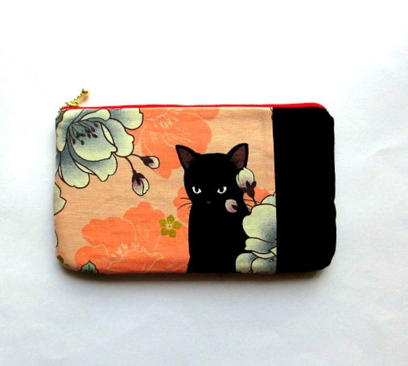 Black cat pouch B - กระเป๋าเครื่องสำอาง - ผ้าฝ้าย/ผ้าลินิน สีส้ม