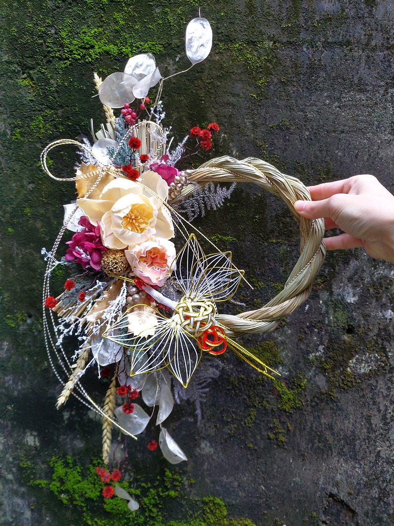 Mansen state dry flower note with rope しめ縄お正月飾り - ช่อดอกไม้แห้ง - พืช/ดอกไม้ หลากหลายสี