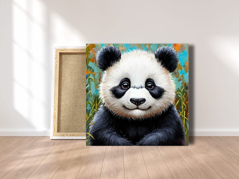 Panda in leaves kids room decor painting, Panda wall art - Posters - Cotton & Hemp Multicolor