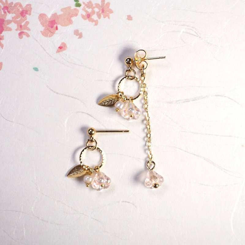 A Handmade Light Pink Czech Flower Beads with Small Pearl Asymmetrical Dangle Earrings/ Clip-On