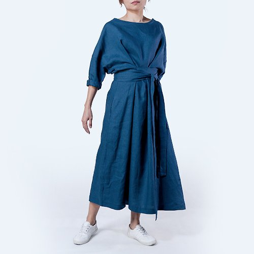 茶衫 綁帶洋裝 - 亞麻 綁帶 洋裝 / 日本藍色