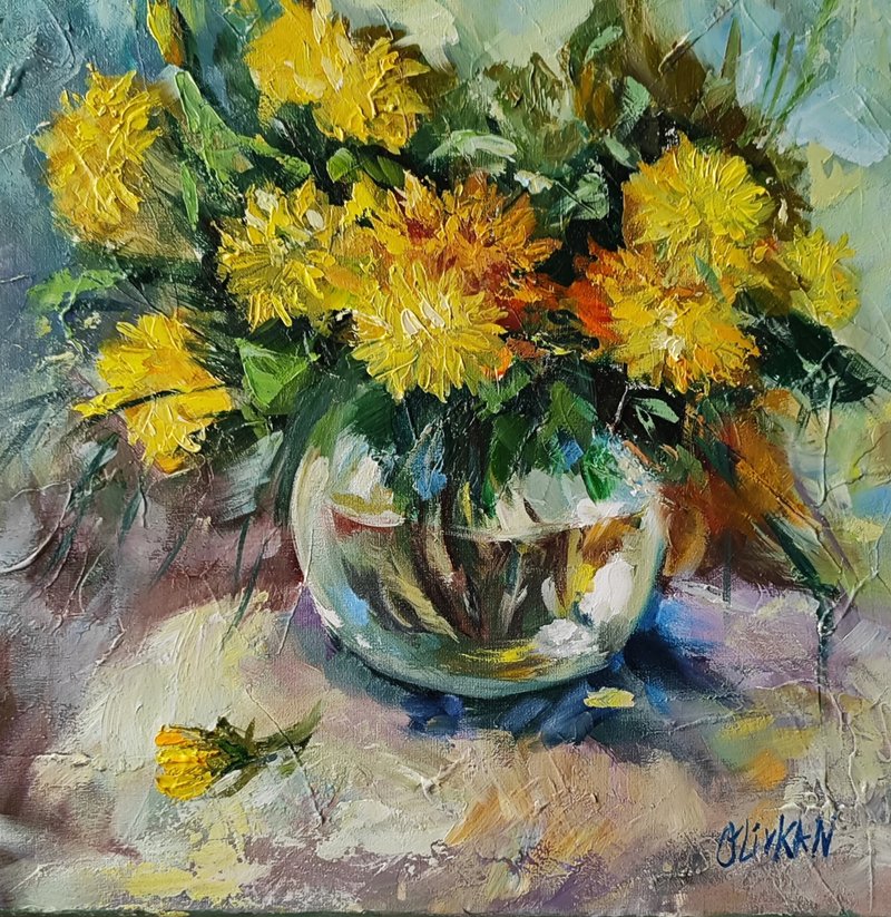 Dandelion Original Art Floral Oil Painting Yellow Flower Artwork - 壁貼/牆壁裝飾 - 其他材質 黃色