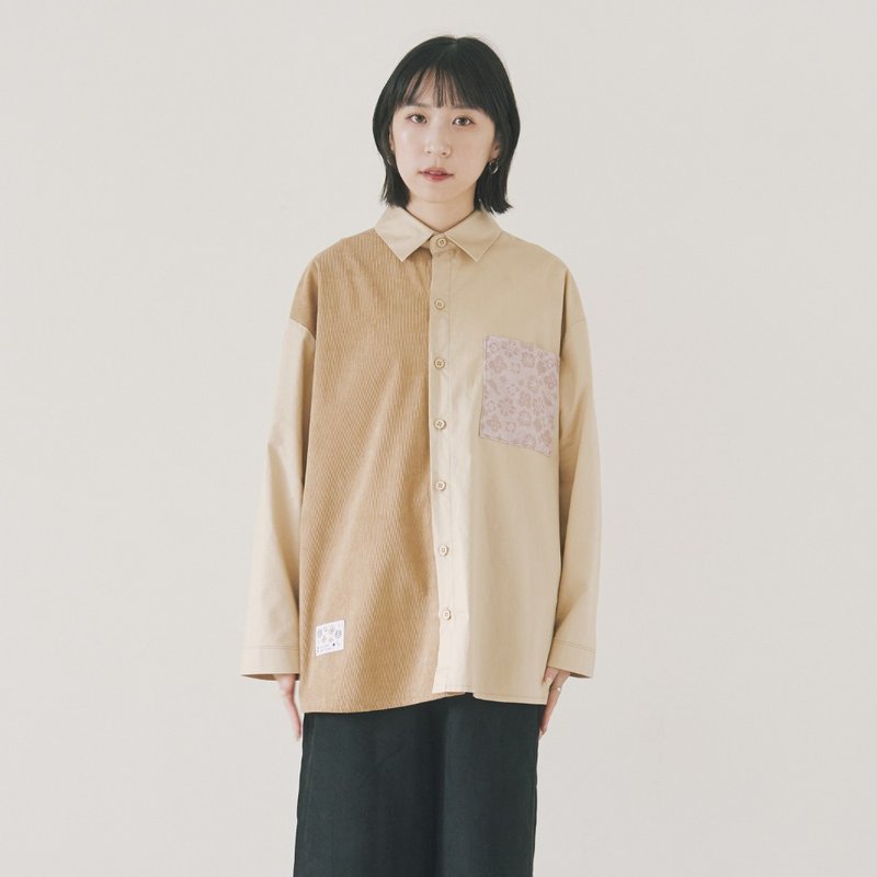 長袖拼接襯衫/I系列/大地棕 - 女 T 恤 - 棉．麻 卡其色