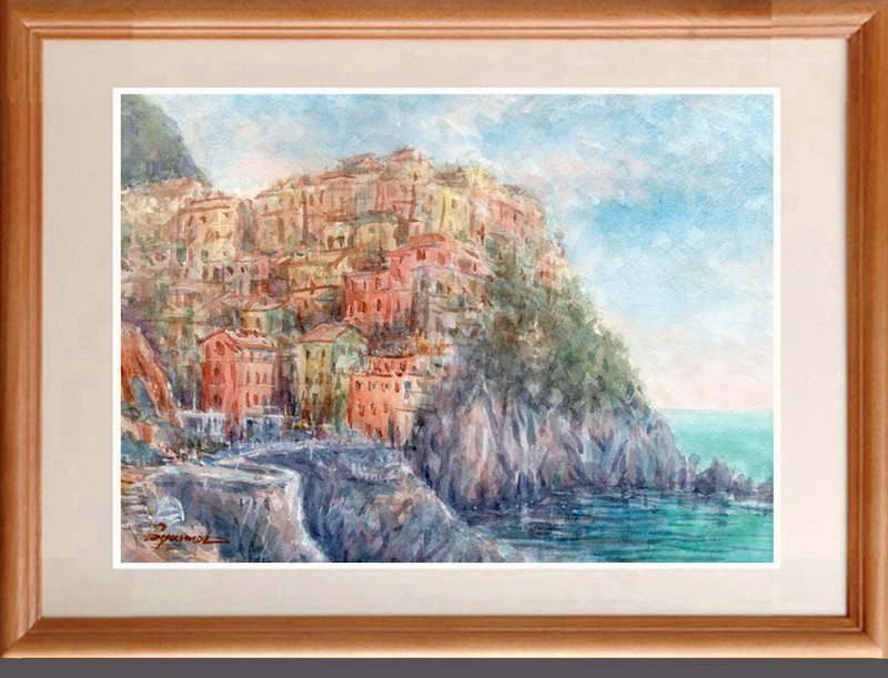 水彩画原画　マナローラの街・イタリア - 海報/掛畫/掛布 - 紙 藍色