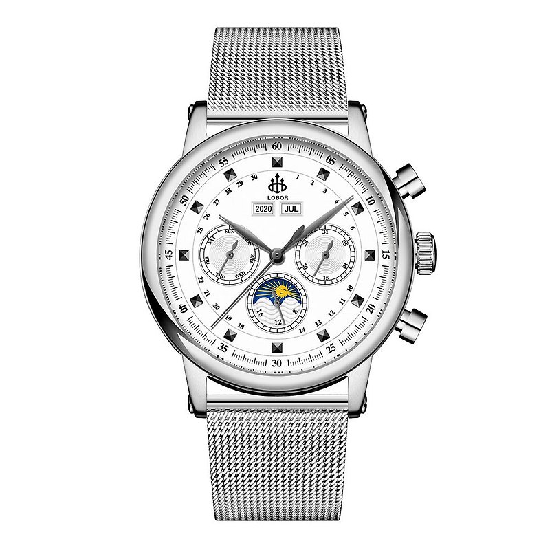 【3色オプション】LOBOR Heritage Steel Band Series 42mm Men's Watch Sun Moon Phase Mechanical Watch - 腕時計 ユニセックス - 金属 シルバー