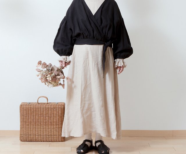 Cache-coeur Gathered 2way Blouse - French Linen/Black - 設計館