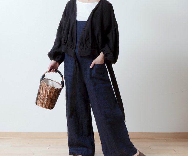 Cache-coeur Gathered 2way Blouse - French Linen/Black - 設計館