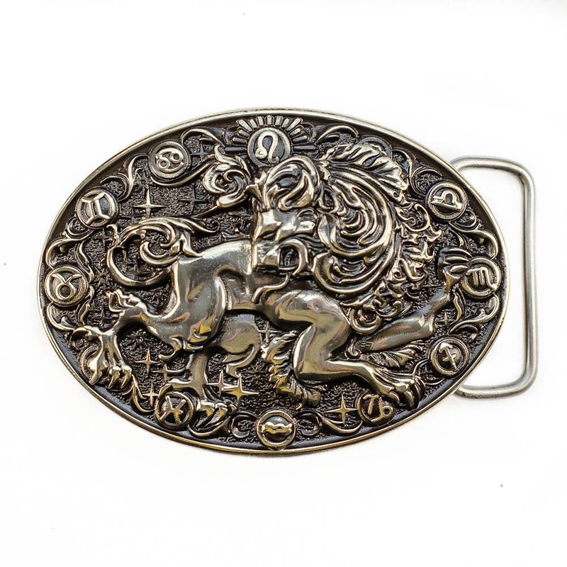 Leo soild german silver belt buckle, Zodiac lion sign nickel silver belt - 皮帶/腰帶 - 其他材質 銀色