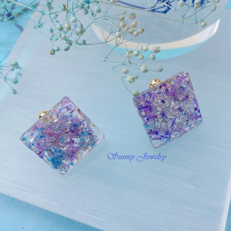 Sunny Jewelry 藍紫妖精色的方形貼耳耳環 - 耳環/耳夾 - 其他材質 紫色