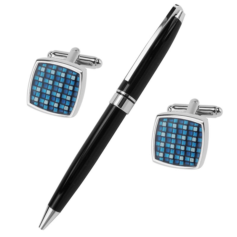 Blue Checker Enamel Cufflinks and Pen Set - กระดุมข้อมือ - โลหะ สีน้ำเงิน